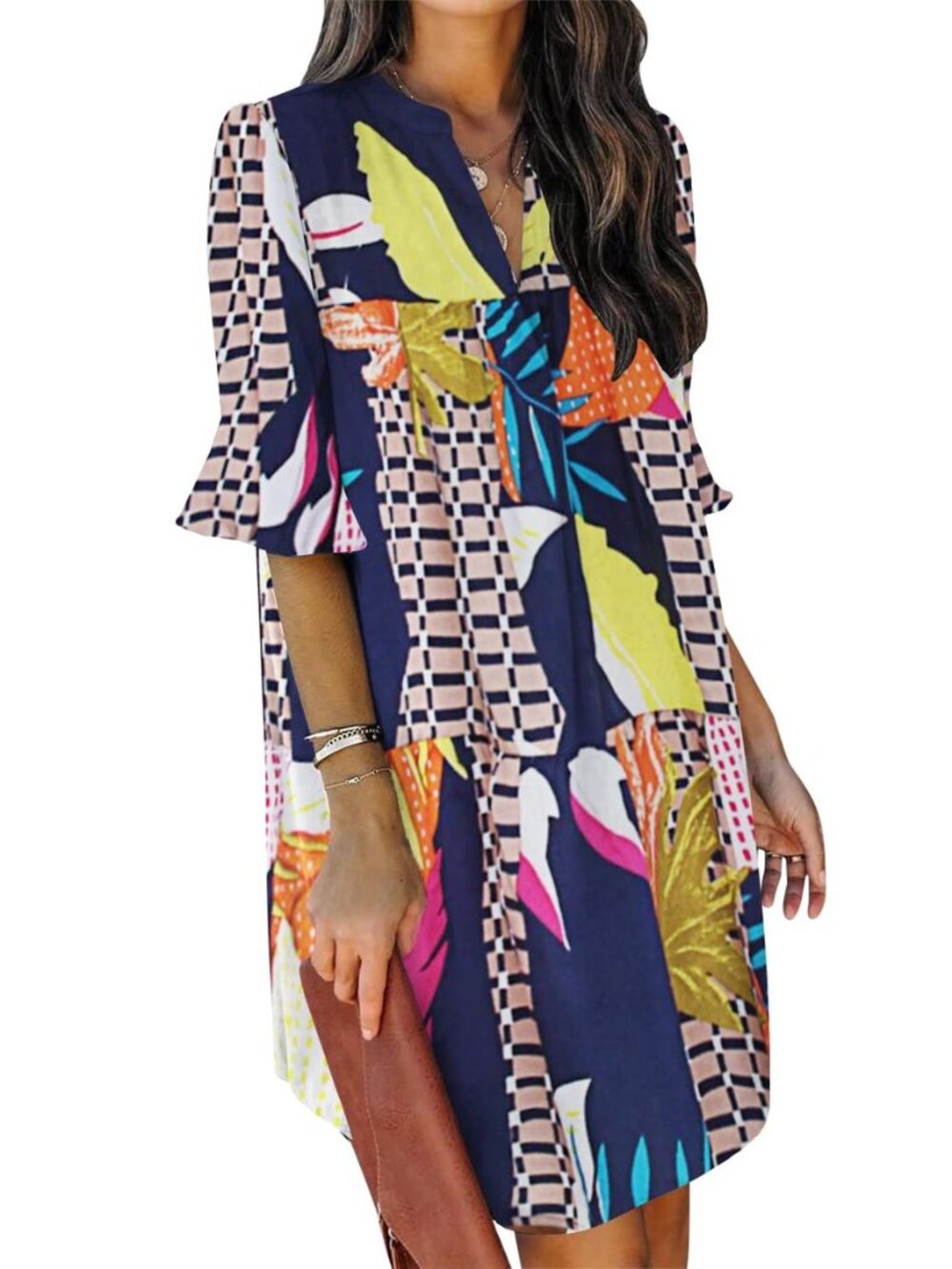 Summer Dresses for Women V Neck Ruffle Short Sleeve Shift Dress